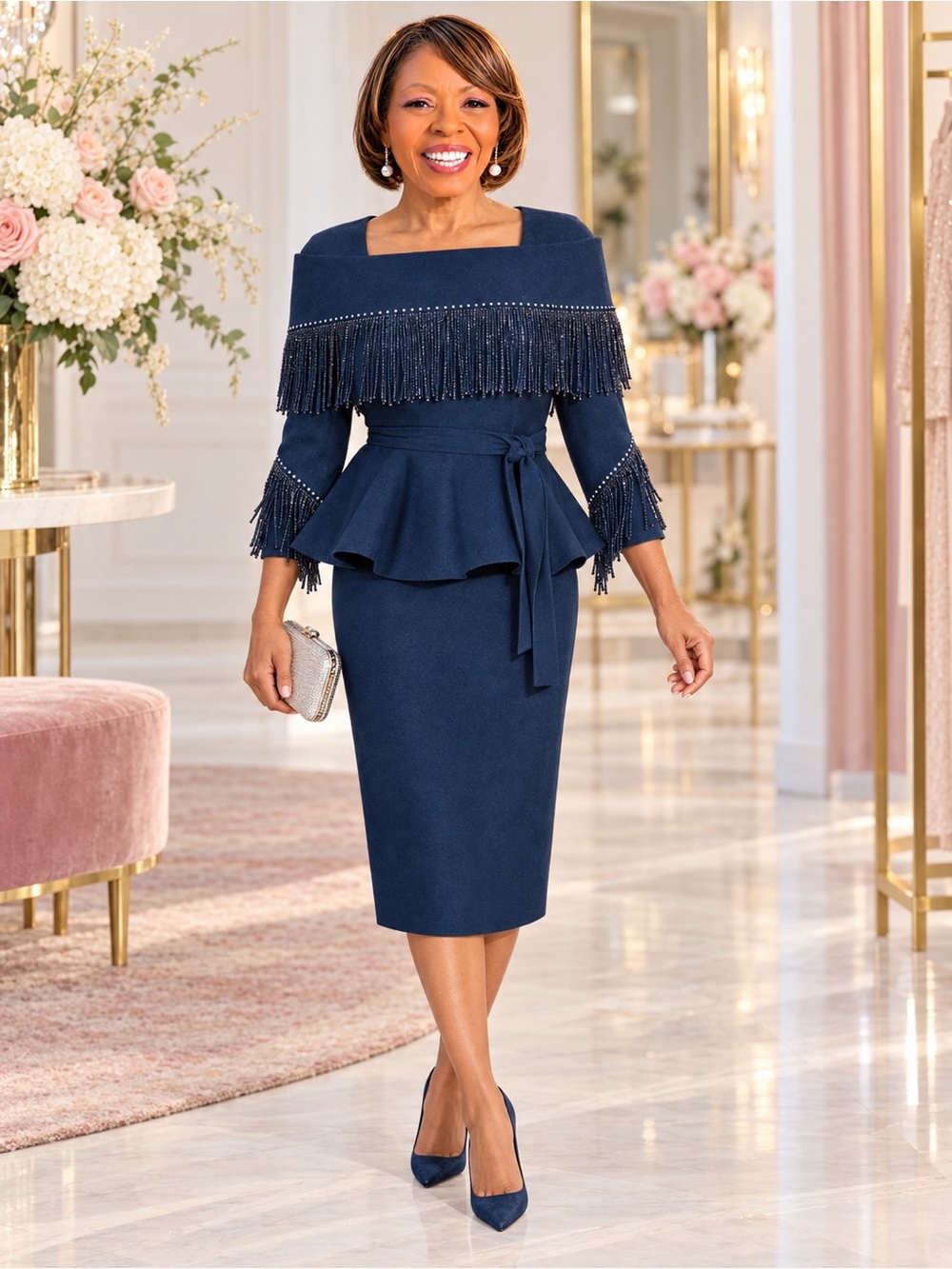Devine Sport Navy Fringe Denim Peplum Skirt Set Size 10